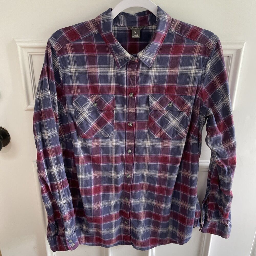Eddie Bauer Women’s L Plaid Flannel Long Sleeve Button-Up Shirt 2 Front Pockets